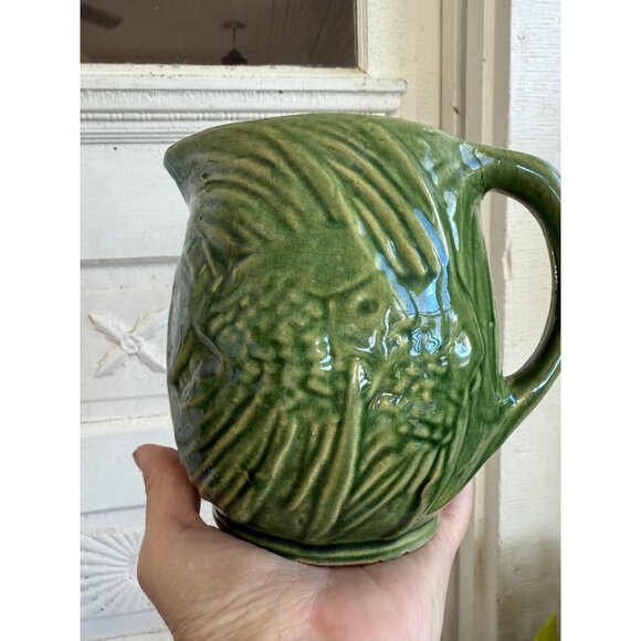 Vintage 1930s McCoy Green Water Pitcher Angel Fish Farmhouse Rustic Primitive - Picture 3 of 10